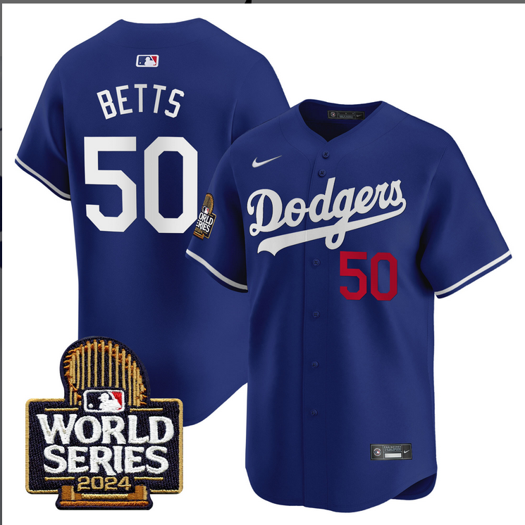 Men MLB Los Angeles Dodgers #50 Betts blue 2024 World Series Champions Patch Limited Jersey20241105 style 2